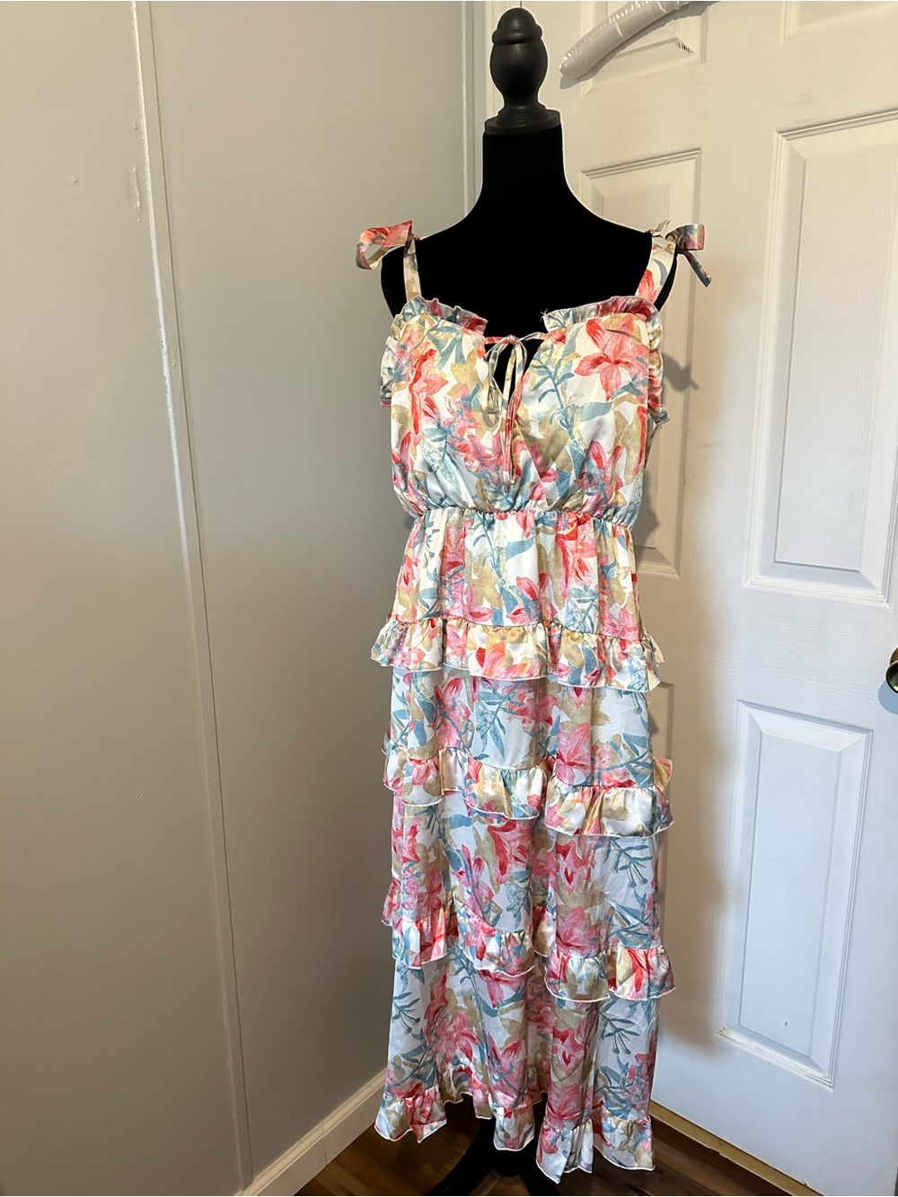 Pink Lily Pastel Floral Ruffle Dress - Pink, Blue & Cream